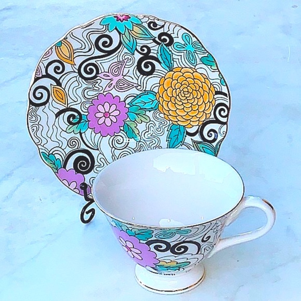 GRACES TEAWARE FOOTED CUP SAUCER SET NEW PASTEL BLACK FLORAL